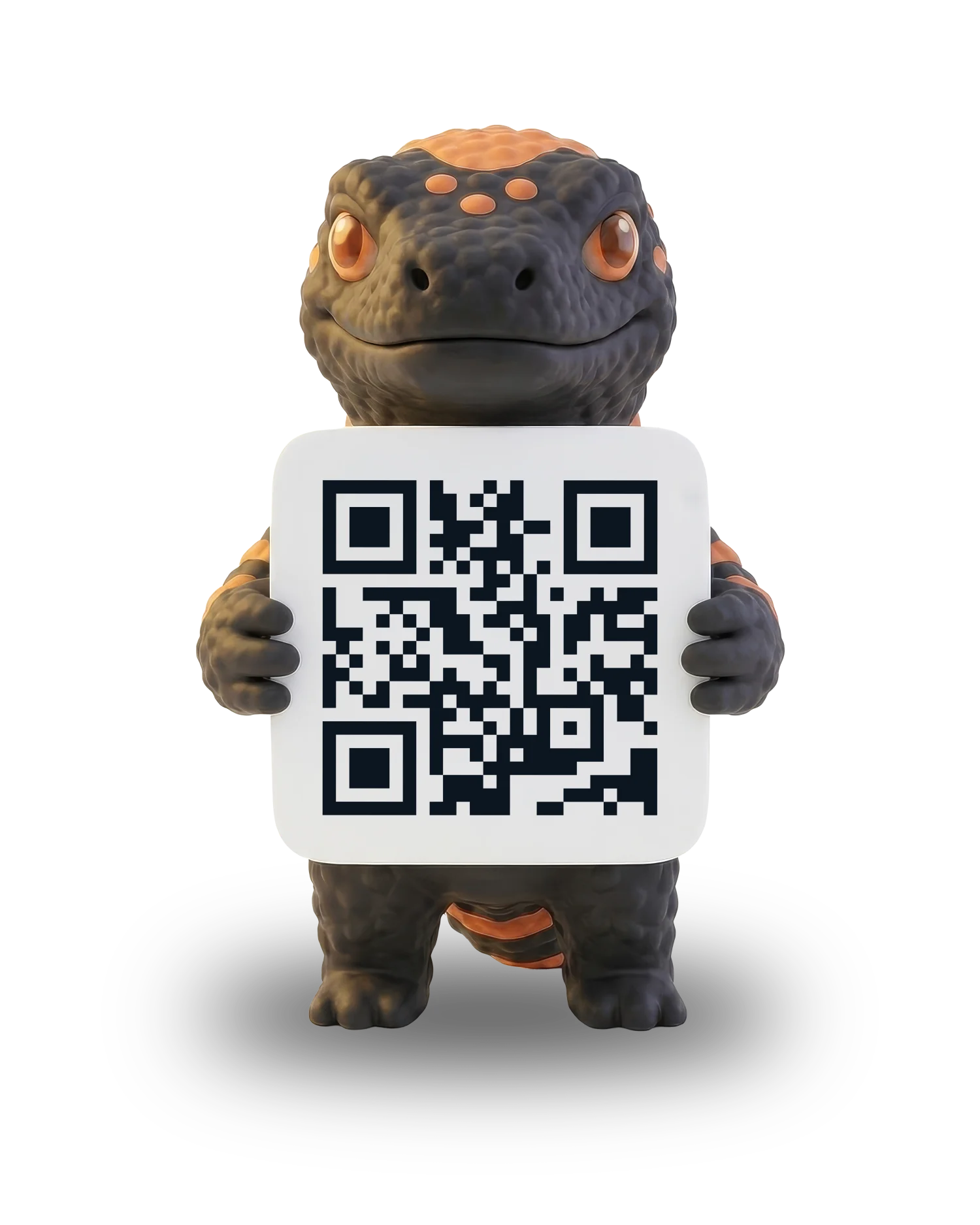 Monty front-on holding a plain white card with the WebVegas QR code