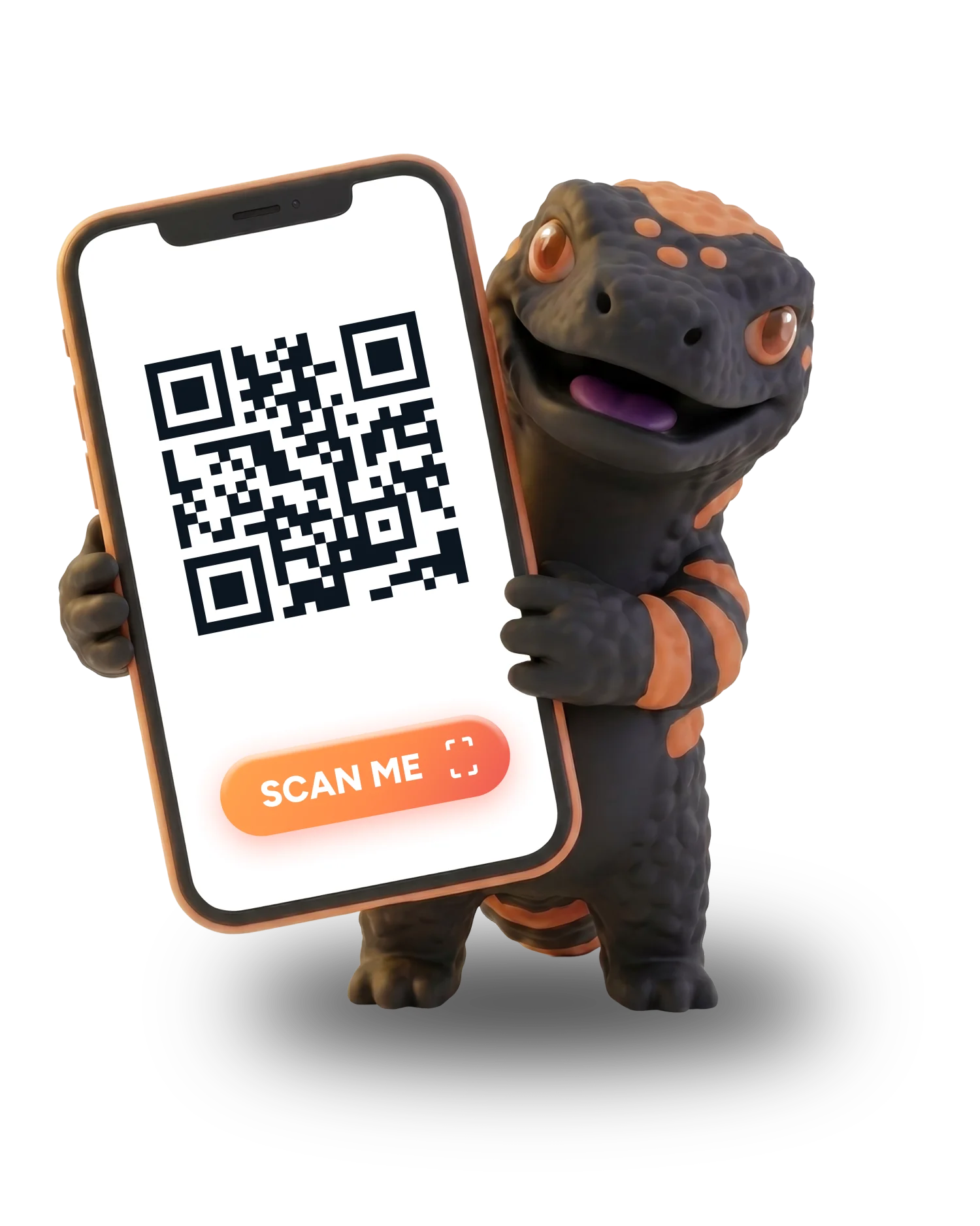 Monty holding a phone showing the WebVegas QR code with an orange SCAN ME pill